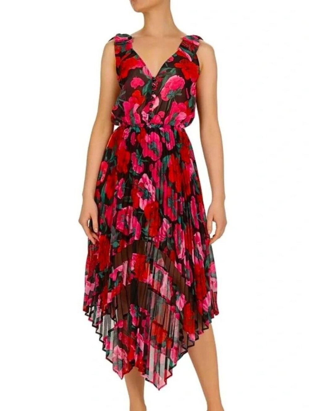 The Kooples Black Midi Dress with Pink & Red Floral Print